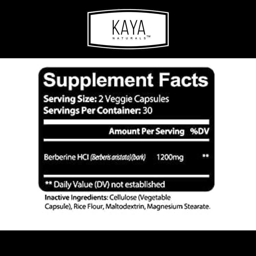 Side view of Kaya Naturals Berberine HCL 1200mg bottle