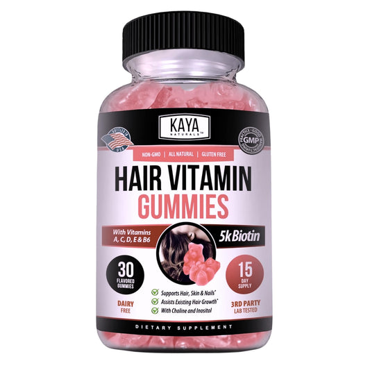 Kaya Naturals Biotin Gummies bottle label – Blueberry flavor, 5000mcg Biotin, 30 count