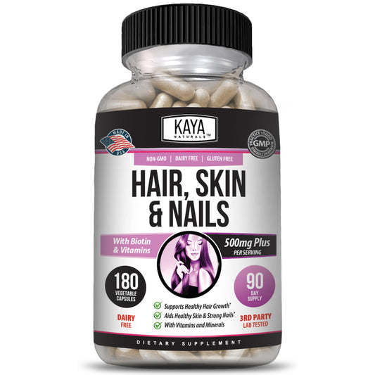 Kaya Naturals bottle and packaging for Hair Skin Nails capsules