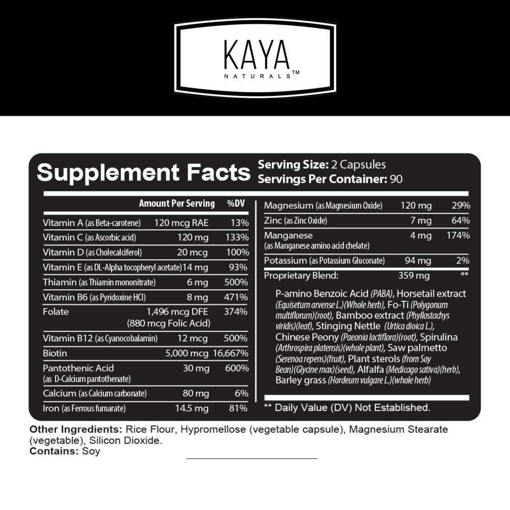 Close-up of Kaya Naturals Hair Skin Nails bottle
