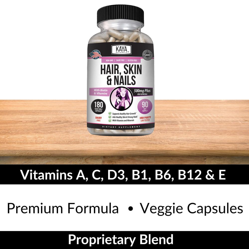 Ingredient panels highlighting Biotin, Argan, Collagen and vitamins