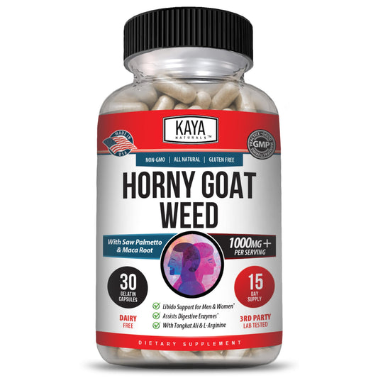 Bottle of Kaya Naturals Horny Goat Weed 1560mg Complex with Maca and Arginine
