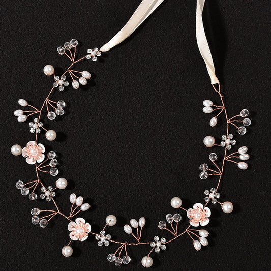 KAYZON flower girl headpiece with rose gold pearls for a dreamy ceremony.