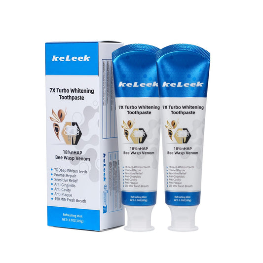 KeLeek 2-Pack 7X Turbo Whitening Toothpaste packaging and tubes