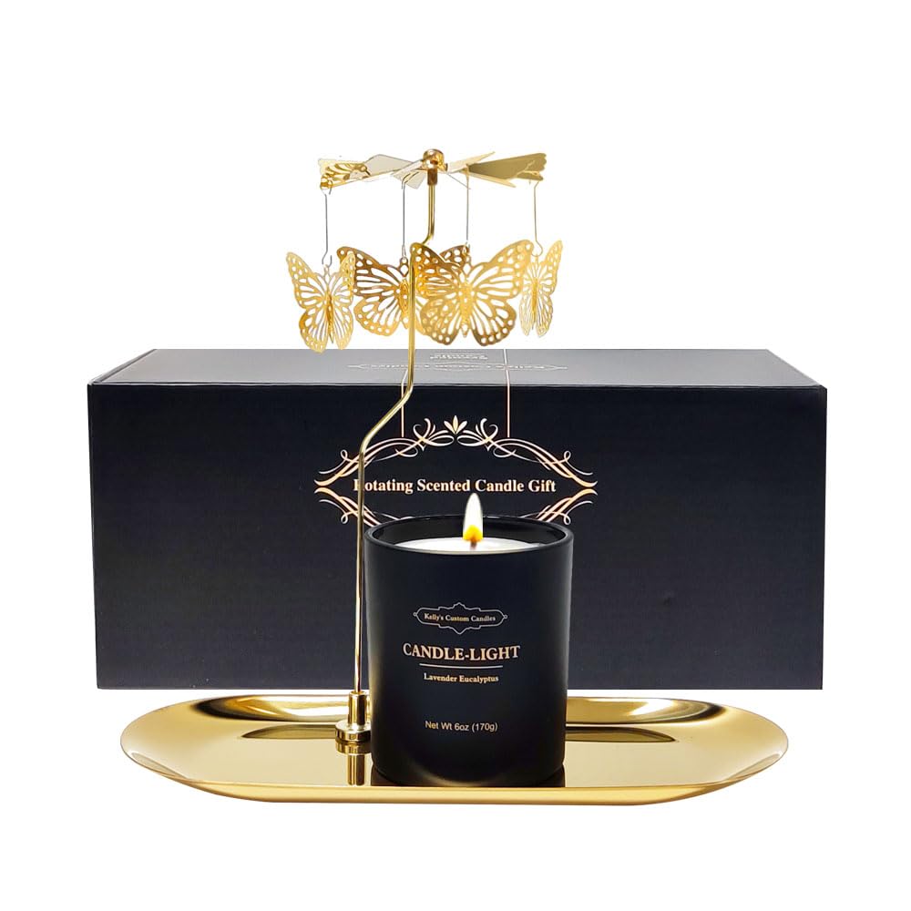 Front view of Kelly's Custom Candles rotating butterfly gift in black gift box