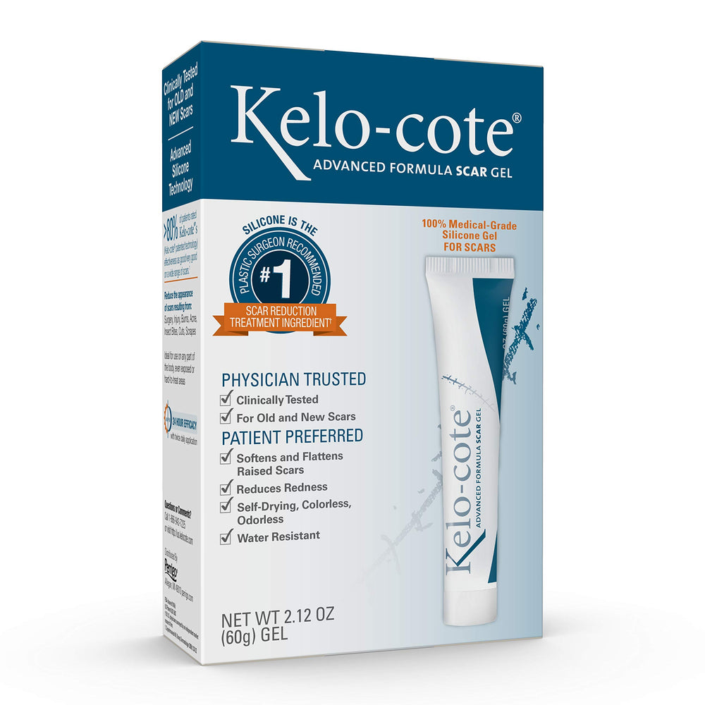 Kelo-Cote Advanced Scar Gel bottle front shows clear silicone scar treatment.