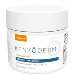Kenkoderm Psoriasis Cream jar highlights 2% salicylic acid for gentle daily exfoliation.