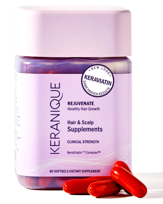Keranique Hair & Scalp Supplements bottle with label