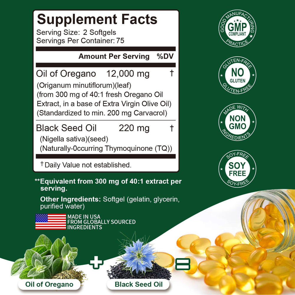 Nutritional label on Keszciy oregano oil and black seed oil softgels bottle back