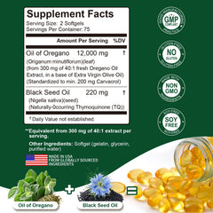 Nutritional label on Keszciy oregano oil and black seed oil softgels bottle back