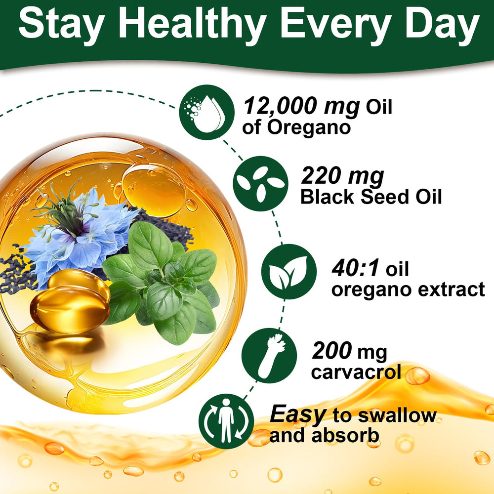 Close-up of oregano oil and black seed oil ingredients