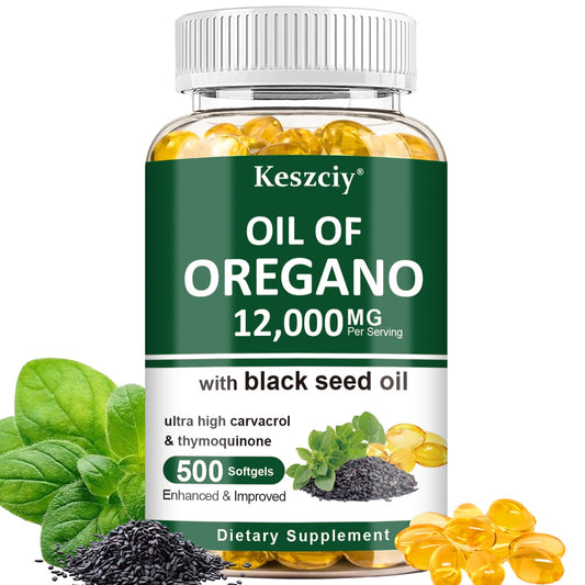 Keszciy Oil of Oregano Softgels bottle with 12,000 mg oregano oil per serving