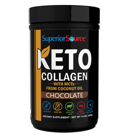 Front view of Superior Source Keto Collagen Chocolate 14 oz tub