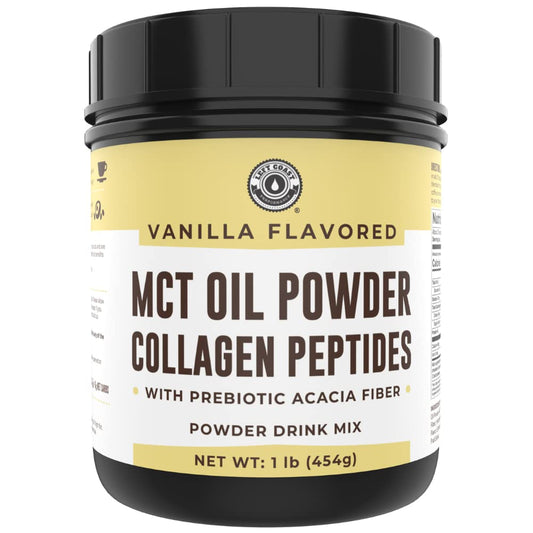 Keto MCT Oil Powder with grass-fed collagen and prebiotic fiber in vanilla flavor, 16oz bottle