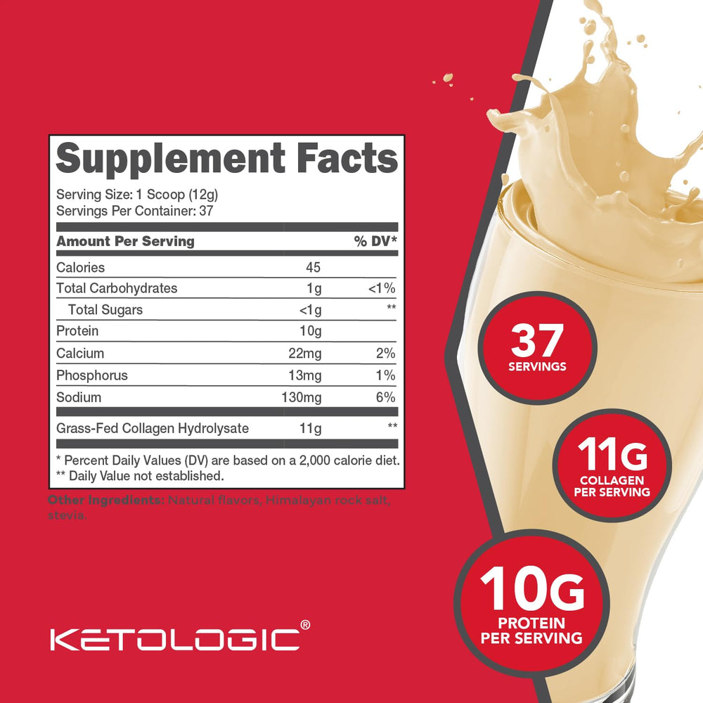 Vanilla collagen powder on a flat lay with scoop