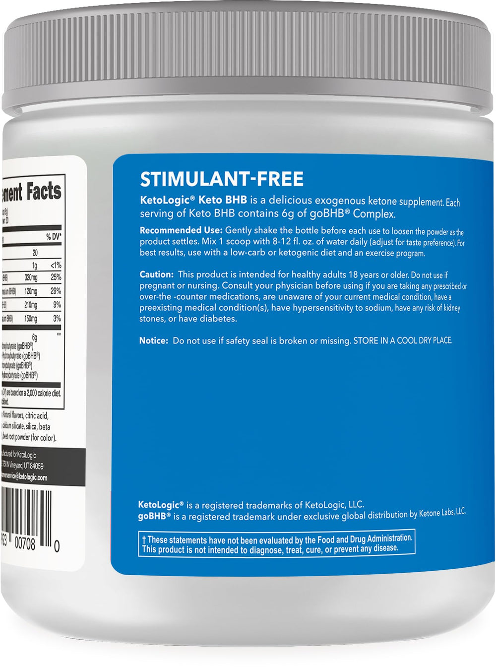 Front view of KetoLogic BHB 30 servings per bottle
