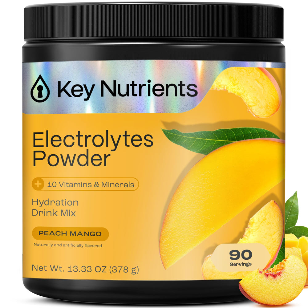 Front view of KEY NUTRIENTS Tropical Peach Mango Electrolytes Powder tub