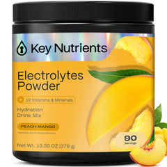 Front view of KEY NUTRIENTS Tropical Peach Mango Electrolytes Powder tub