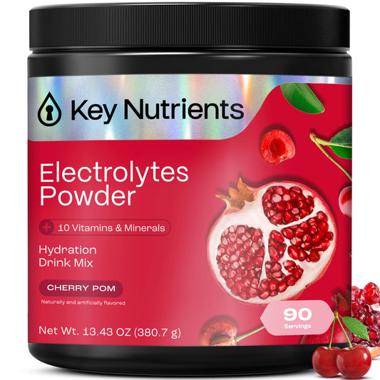 Front view of KEY NUTRIENTS Sweet Cherry Pom Electrolytes Powder canister with 90 servings.
