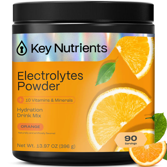 Front view of KEY NUTRIENTS Tangy Orange Electrolyte Powder canister