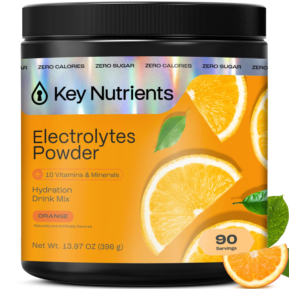 KEY NUTRIENTS Tangy Orange electrolyte powder tub for refreshing hydration.
