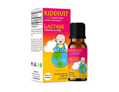 1oz glass bottle of Kiddivit Baby Lactase Drops with label