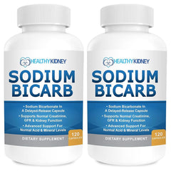 Kidney Restore sodium bicarbonate delayed-release bottle with 650mg capsules for kidney support.