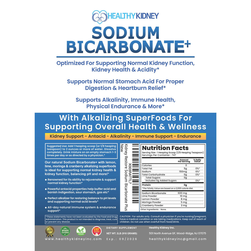 Kidney Restore sodium bicarbonate powder being poured into a glass for quick digestion comfort.