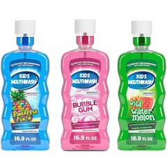 3-pack Kids Anticavity Fluoride Mouthwash with Bubble Gum, Pineapple, and Watermelon flavors, 16.9 fl oz each.