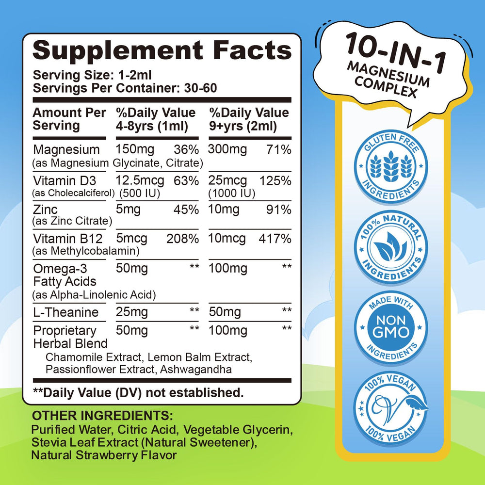 Kid brain focus support with magnesium drops, omega-3 and B12
