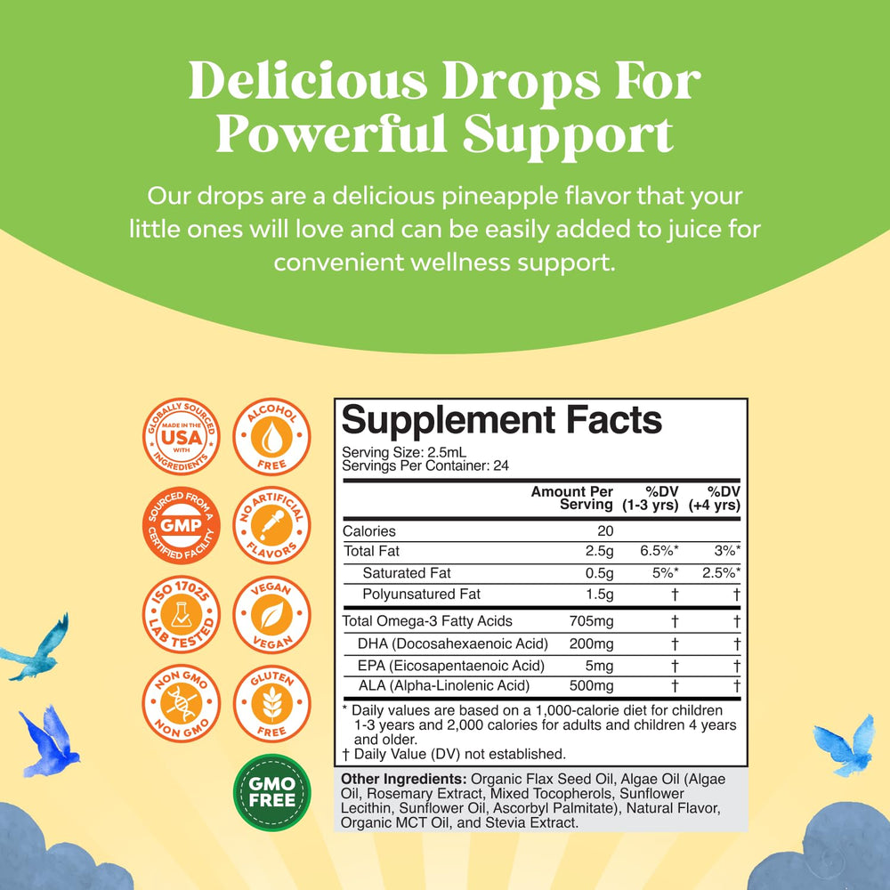 Kids-friendly liquid DHA supplement bottle