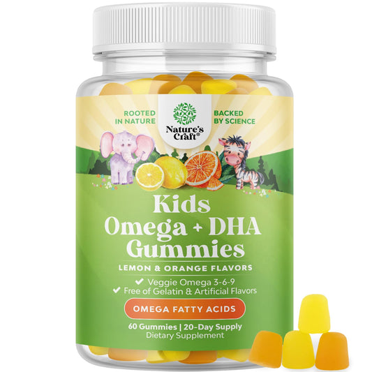 Bottle of Kids DHA Omega-3 Gummies with 60 chews on a white background