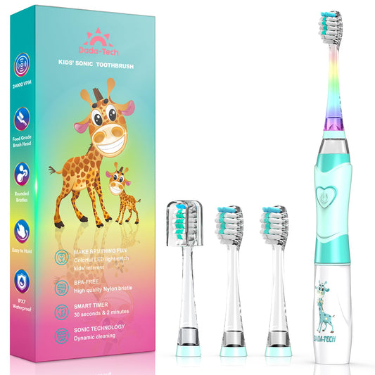 Front view of a green giraffe themed kids electric toothbrush