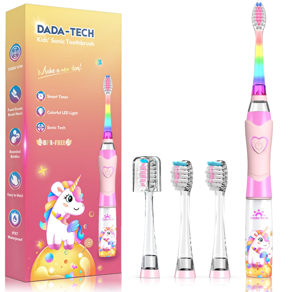 Pink unicorn kids electric toothbrush with rainbow LED light