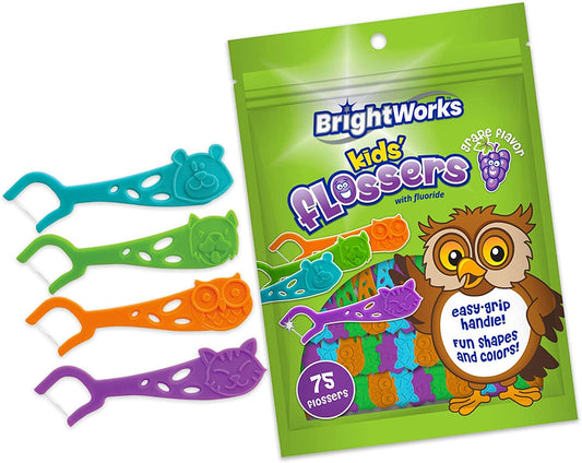 Grape-flavored kids dental flossers with colorful animal shapes