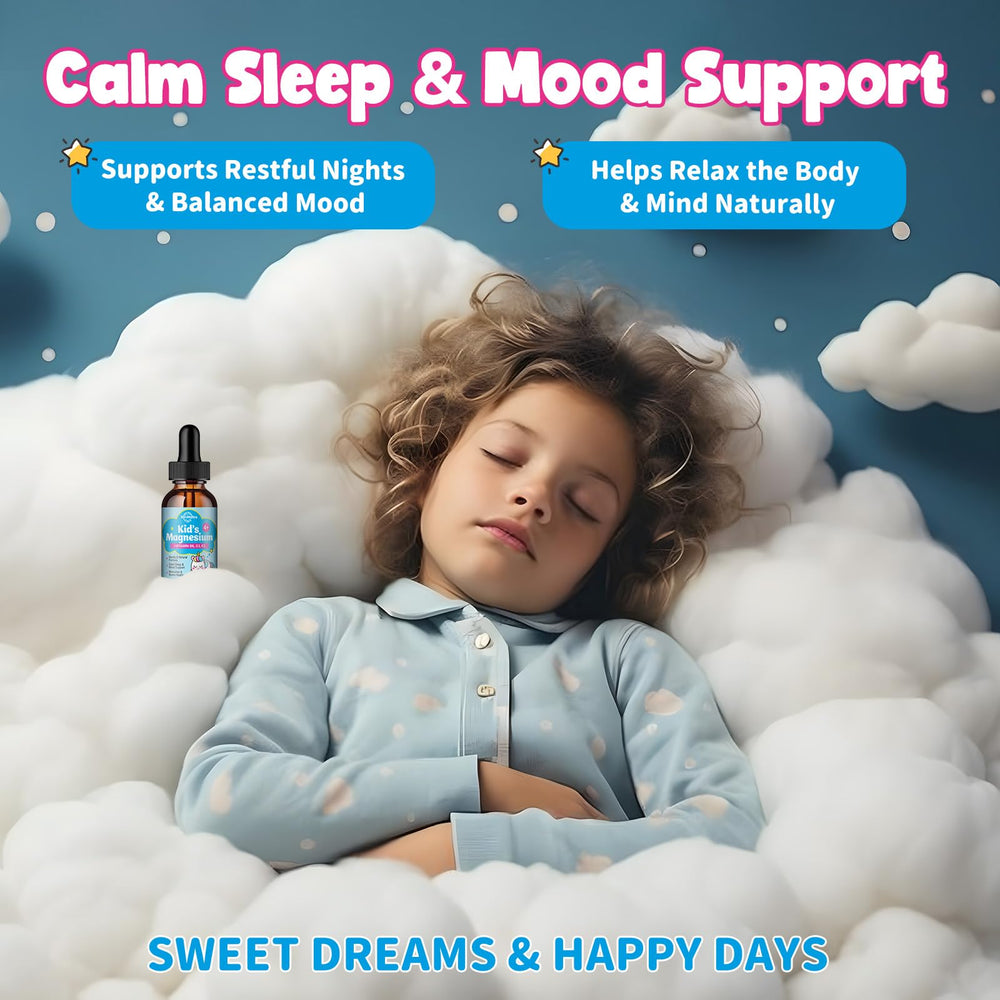 Illustration of omega-3, vitamin B6, and ashwagandha in kids magnesium drops