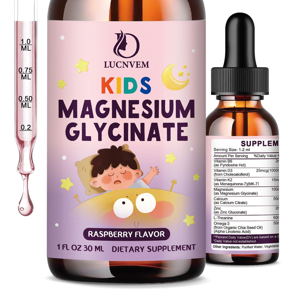 Front view of Kids Magnesium Glycinate Sleep Drops Raspberry Flavor bottle - 30ml
