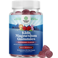 Kids Magnesium Gummies bottle with raspberry flavor label