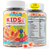 Front packaging of 60-count kids multivitamin gummies with iron and sugar-free formulation