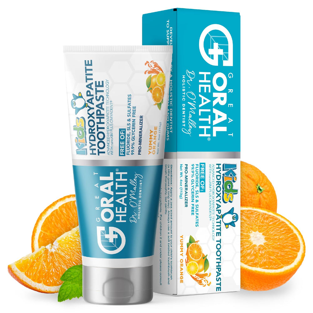 Orange flavored fluoride-free kids toothpaste bottle