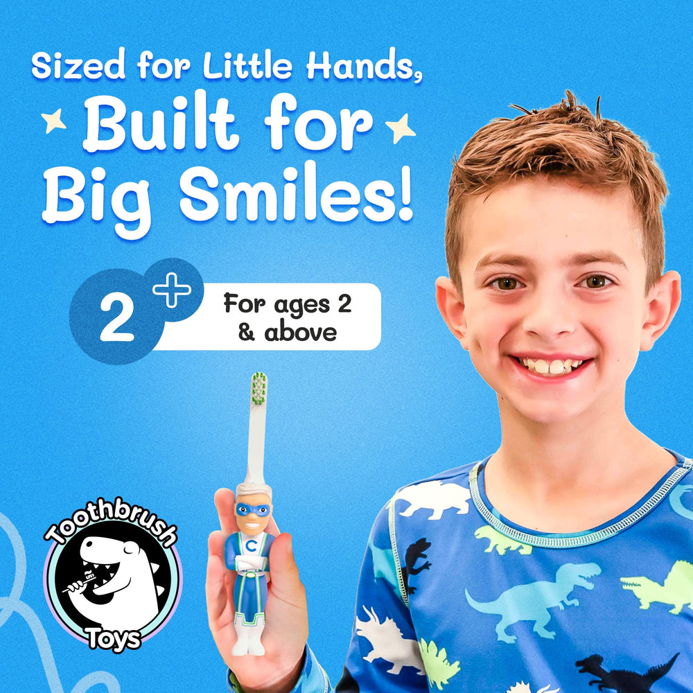 Close-up of replaceable brush head on children's superhero toothbrush