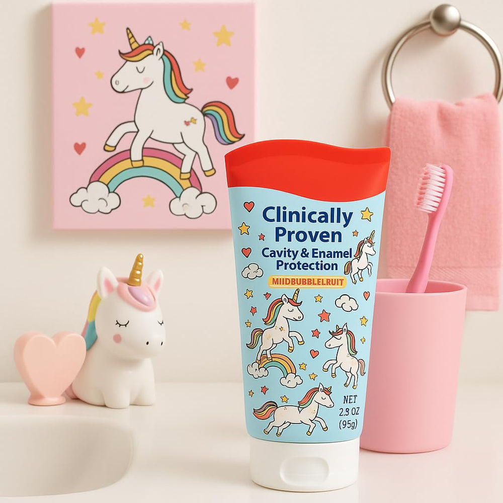 ADA Accepted seal on Kids Toothpaste Unicorn Bubble Fruit Flavor packaging.