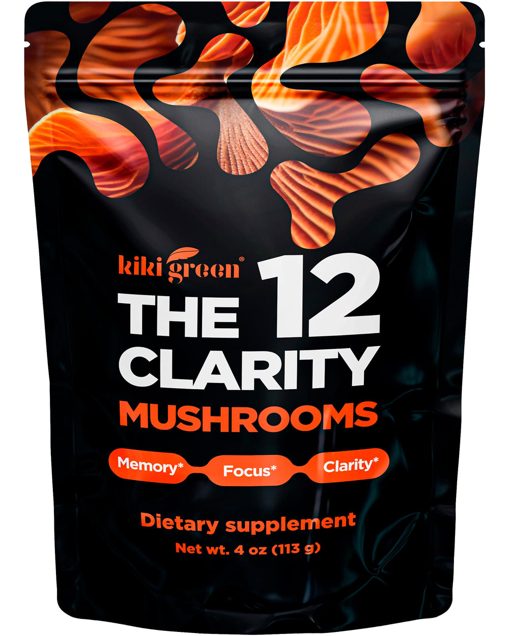 Front label of KIKI Green 12 Mushroom Powder 4 oz