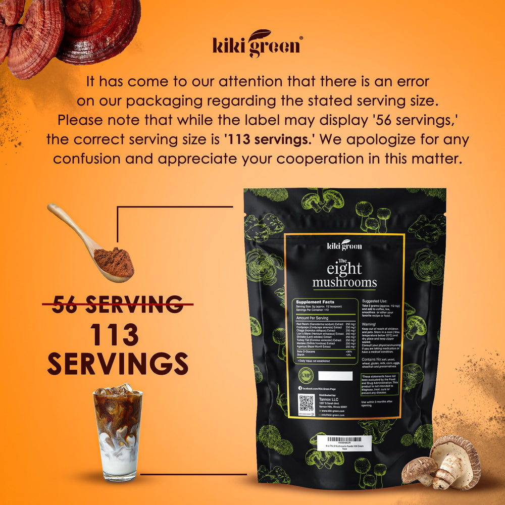 Ingredient list highlighting Lion's Mane, Reishi, Chaga, Cordyceps, Maitake, Shiitake