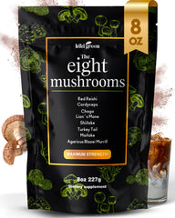 KIKI Green 8 Mushrooms bottle front, highlighting daily focus and energy support.