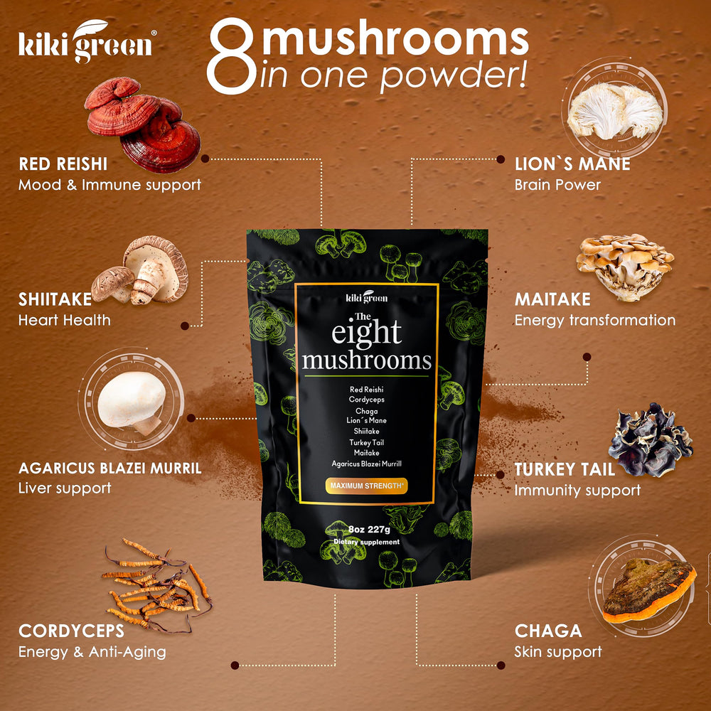 KIKI Green 8 Mushrooms powder closeup, featuring lion's mane and reishi blend.