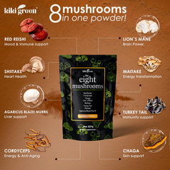 KIKI Green 8 Mushrooms powder closeup, featuring lion's mane and reishi blend.