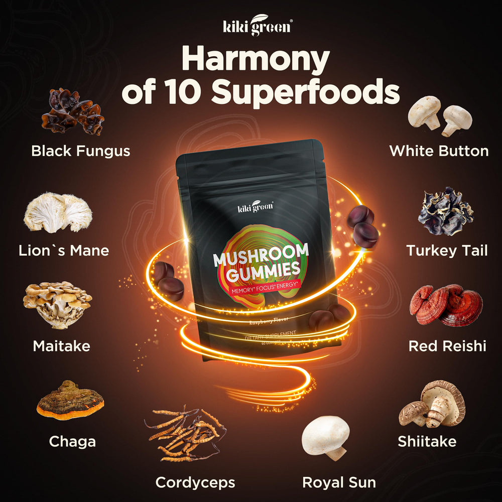 Ingredients panel showing 10 functional mushrooms