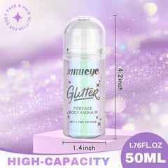 KIMIEYE glitter gel bottle showing holographic luster and 50 ml capacity.