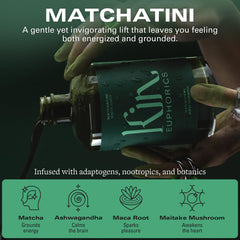 Pouring Kin Euphorics Matchatini into a glass